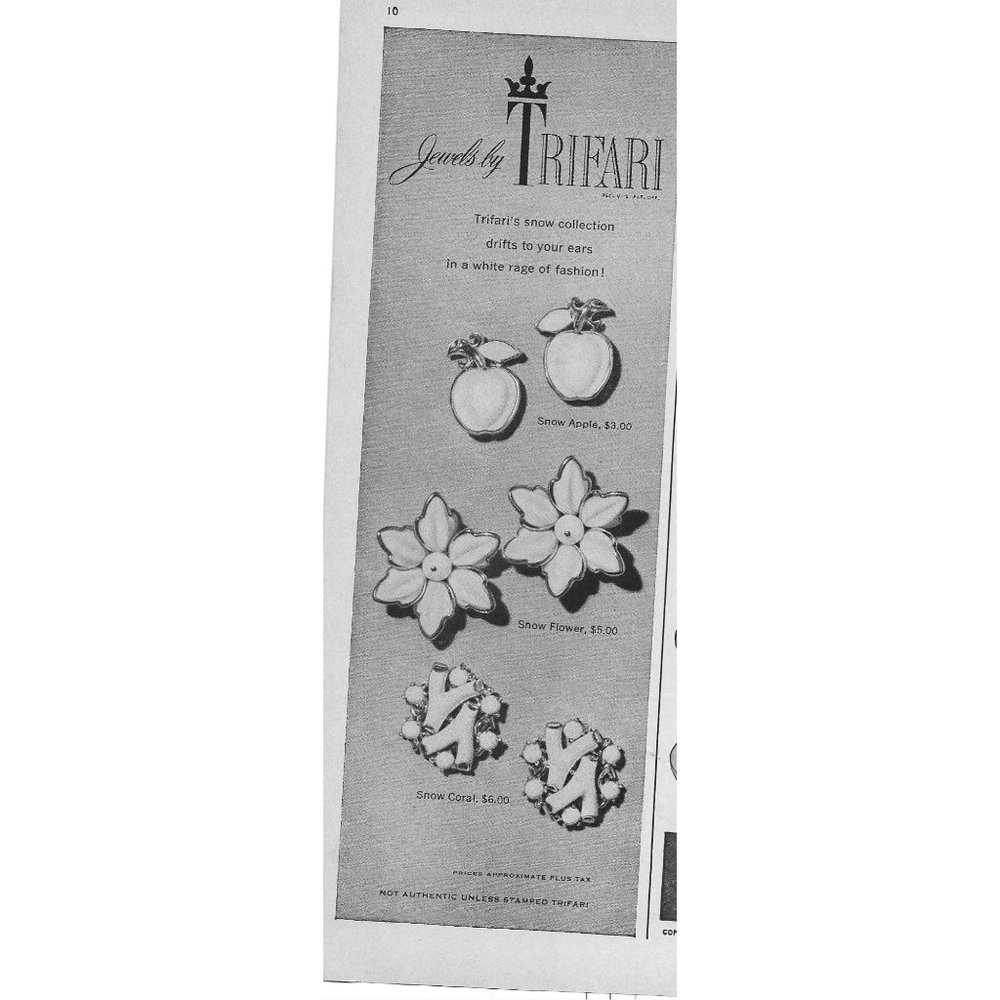 Jewels by Trifari Crown Earrings Snow ADVERT 1950s Vintage Print Ad 9 inch Tall